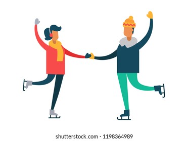 Happy couple dancing on skates, man and woman having fun together vector illustration isolated on white background, winter sport activities