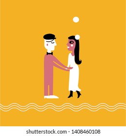 Happy couple dancing on the yellow background