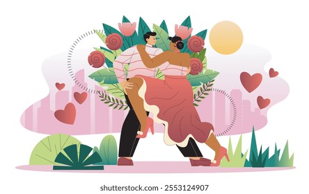 Feliz pareja bailando. Pareja enamorada bailando juntos. Hobby y ocio. Cita romántica. Flamenco y vals, tango. Romance y amor. Ilustración vectorial plana aislada sobre fondo blanco