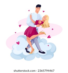 Happy couple dancing romantic dance in clouds vector illustration. Cartoon isolated excited woman and man dancers hug on sky cloud among red hearts together, young characters feeling passion and love