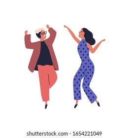 Happy couple dancing together having fun raising hands vector flat illustration. Smiling stylish man and woman dancer rejoicing have positive emotion isolated on white. Joyful cartoon dancers