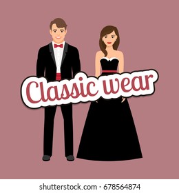 Happy couple in dark suits in classic wear style vector concept