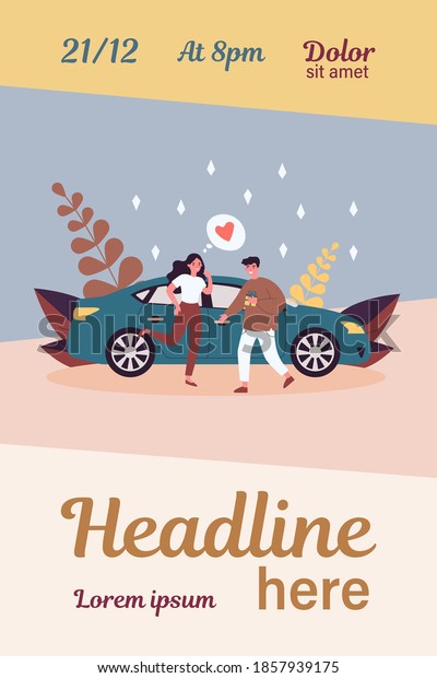 Happy\
couple dating meeting at car. Dating, giving gift, anniversary flat\
vector illustration. Romance, special date, transportation concept\
for banner, website design or landing web\
page