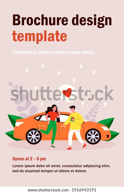 Happy\
couple dating meeting at car. Dating, giving gift, anniversary flat\
vector illustration. Romance, special date, transportation concept\
for banner, website design or landing web\
page