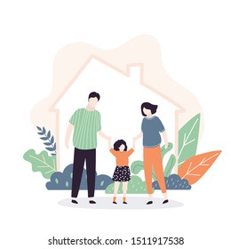 Happy couple with daughter standing near new home. New purchased or rented housing. Real estate or New Dwelling Mortgage template banner. Mother ,father and girl kid. Vector illustration