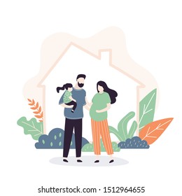 Happy couple with daughter standing near new home. New purchased or rented housing. Real estate or New Dwelling Mortgage template banner. Pregnant mother ,father and girl kid. Vector illustration