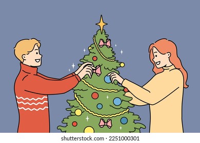 Happy couple decorate Christmas tree at home together. Smiling man and woman have fun enjoy fir-tree decoration for New Year. Vector illustration. 