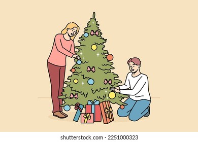 Happy couple decorate fir-tree with balls and bulbs together. Smiling man and woman enjoy Christmas tree decoration at home for winter holidays. Vector illustration. 