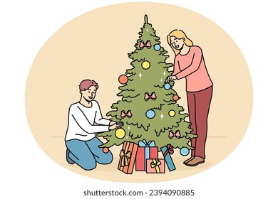 Happy couple decorate fir-tree with balls and bulbs together. Smiling man and woman enjoy Christmas tree decoration at home for winter holidays. Vector illustration.