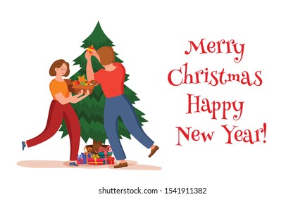 Happy couple decorating Christmas tree with toys, star and garland. Vector colorful illustration of girl and boy preparation for New Year celebration party. Cozy Xmas holiday home concept.