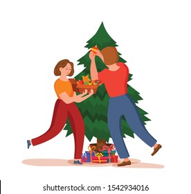 Happy couple decorating Christmas tree with toys, star and garland. Vector colorful illustration of girl and boy preparation for New Year celebration party. Cozy Xmas holiday home concept.