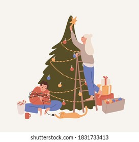 Happy couple decorating Christmas tree vector flat illustration. Woman putting on star to the top of spruce. Man wrapped in garland playing with cat isolated. Preparing for holiday celebration