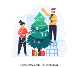 A Happy Couple Decorating a Christmas Tree Together. People Preparing for Christmas and Happy New Year Holiday Winter Celebration