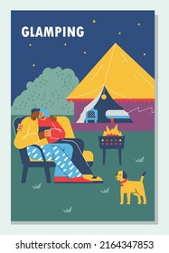 Happy Couple With Dog Relaxing At Glamping, Big Tent With Amenities - Poster Template Flat Vector Illustration. Glamping Advertising Banner. People Sitting By The Fire In The Evening.