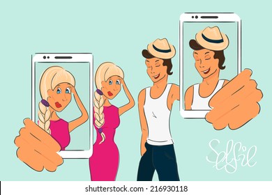 Happy couple are doing selfie. Handdrawn vector illustration on blue background.