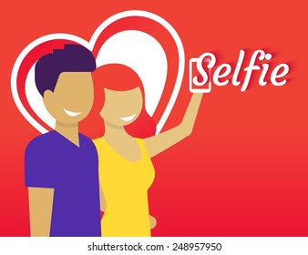 Happy couple are doing selfie for Valentines day. Flat modern illustration