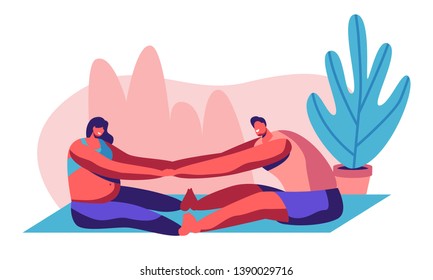 Happy Couple Doing Stretching Exercises in Gym. Man and Pregnant Woman Visit Parenting Classes, Young People Awaiting Baby, Sports Exercise, Healthy Desired Pregnancy. Cartoon Flat Vector Illustration