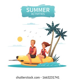 Happy couple doing water sports riding banana boat cartoon vector illustration