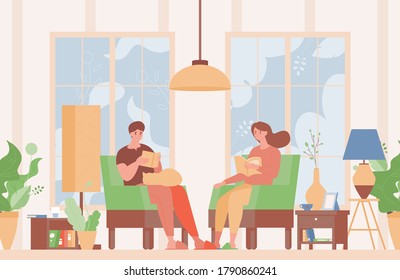 Happy couple in domestic clothes sitting in comfortable armchairs and reading books vector flat illustration. Modern living room interior design. Spending evening time together at home.