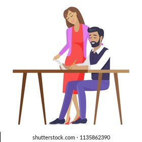 Happy couple dreaming about future color banner isolated on white background, joyful woman and her husband sitting by wooden table vector illustration