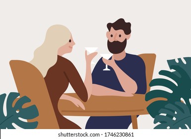 Happy couple drinking cocktails at bar vector flat illustration. Smiling man and woman enjoying meeting surrounded by tropical plants isolated on white. People with alcohol at cafe