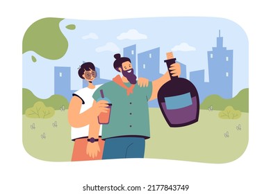 Happy couple drinking cocktails in park flat vector illustration. Man and woman hugging, laughing, spending time on nature. Recreation, alcohol concept for banner, website design or landing web page