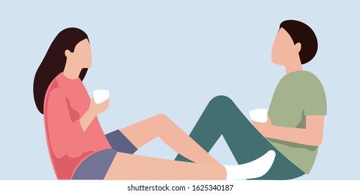 Happy couple drinking coffee at home. Woman and man sitting on floor. Relaxing in kitchen. Happy Valentines Day. Vector illustration.