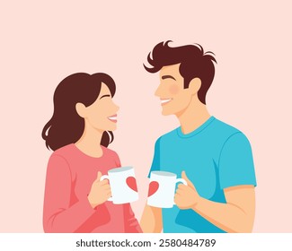 Happy couple drinking coffee from lovers mugs. Smiling man and woman embrace enjoy morning tea from cute cups.