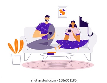 Happy Couple Drinking Coffee on Sofa at Home. Man and Woman Characters Having Lunch. Romantic Dating Time Together. Vector flat cartoon illustration