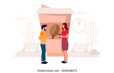 Una pareja feliz tomando café para llevar juntos, ilustración vectorial plana. Personajes hombres y mujeres colegas de negocios, amigos tomando descanso. Hora del café.
