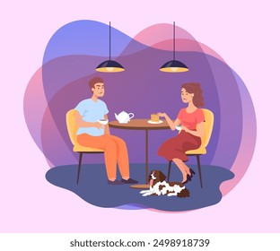 Happy couple drinking tea at home. Cartoon characters with pet dog spending evening together flat vector illustration. Pet, tea time, romance concept for banner, web design