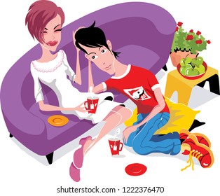 A happy couple drinking tea. Man sitting  on the ground  while woman is sitting  on the couch and caressing his hair 