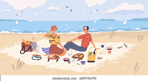 Happy couple drinking wine and eating at seaside. Young man and woman spending time together at picnic on sandy beach. People resting and enjoying outdoor date. Flat vector illustration