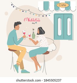 Happy couple drinking wine in café on the occasion of happy valentine's day, love is in the air. Man and woman on a date in the café. Flat vector illustration