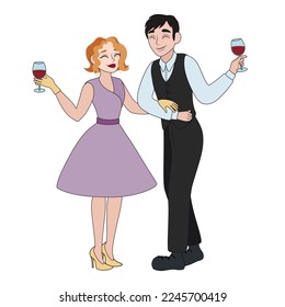 Happy couple drinking wine on white background. Valentine's Day 