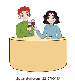 Happy couple drinking wine while sitting at table on white backg