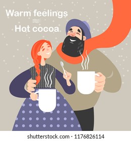 Happy couple drinks hot cocoa from large white mugs on a cold winter day