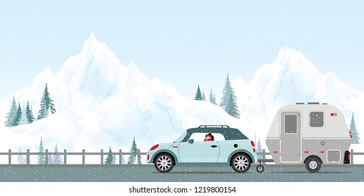 Happy Couple Driving Car On Road In Winter, Family Vacation Travel, Holiday Trip In Motorhome, Caravan Car Vacation In Winter Holiday Trip Flat Design Vector Illustration.