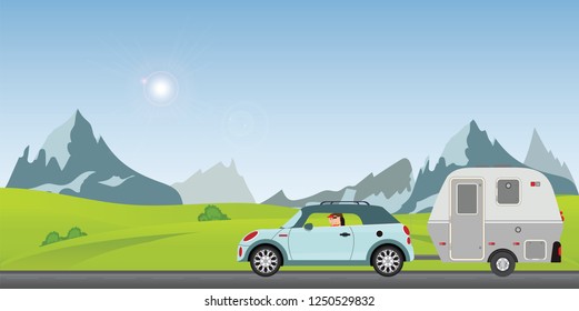 Happy couple driving car on road on a sunny spring day in the holiday, Family vacation travel, holiday trip in motorhome, Caravan car Vacation in flat design vector illustration.