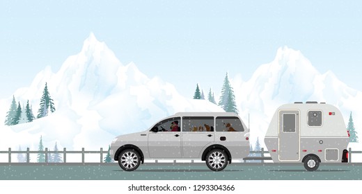 Happy couple driving car on road in winter with snow and cold in the holiday,  holiday trip in motorhome, Caravan car Vacation in winter holiday trip flat design vector illustration.