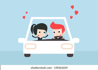 Happy couple driving a car, vector cartoon.