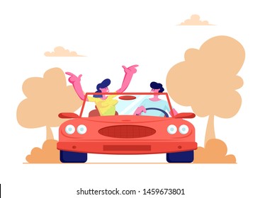 Happy Couple Driving Red Cabriolet Car on Nature Landscape Background. Young Man and Woman Traveling on Convertible Machine, Honeymoon, Summer Vacation, Trip, Journey. Cartoon Flat Vector Illustration