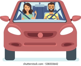 Happy Couple Driving The Red Car Flat Vector