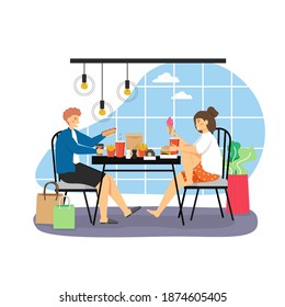 Happy couple eating burger, hot dog, french fries, ice cream, drinking soda sitting at table at home, flat vector illustration. Fast food delivery online service.