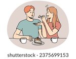 Happy couple eating cake together. Smiling woman feed man delicious dessert drinking tea. Vector illustration.