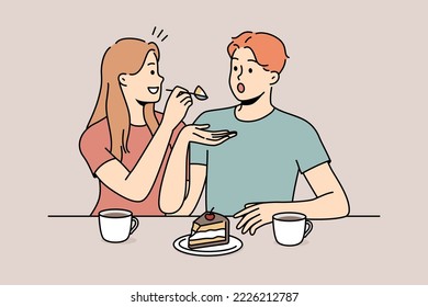 Happy couple eating cake together. Smiling woman feed man delicious dessert drinking tea. Vector illustration. 