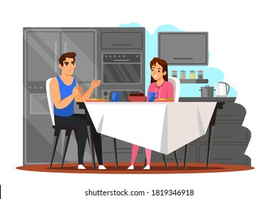 Happy couple eating dinner at home. Young family at kitchen sitting at table together. Love and romance at house vector illustration. Modern interior design of dining room.