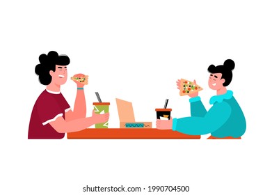 Happy couple eating pizza at cafe - isolated vector illustration of man and woman with fast food and drinks having a meal together. Vector illustration.