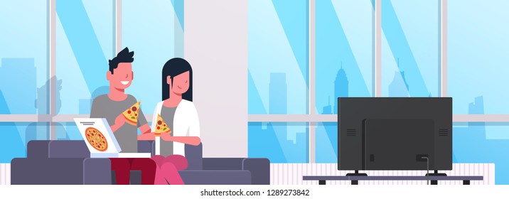 happy couple eating pizza man woman watching tv on couch modern apartment home interior male female cartoon characters portrait flat horizontal banner