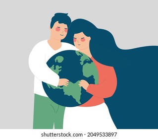 Happy couple embrace the globe with care. Man and woman hold the green planet with love. Earth day, saving the environment and energy, planet conservation, climat change and global warming concept.